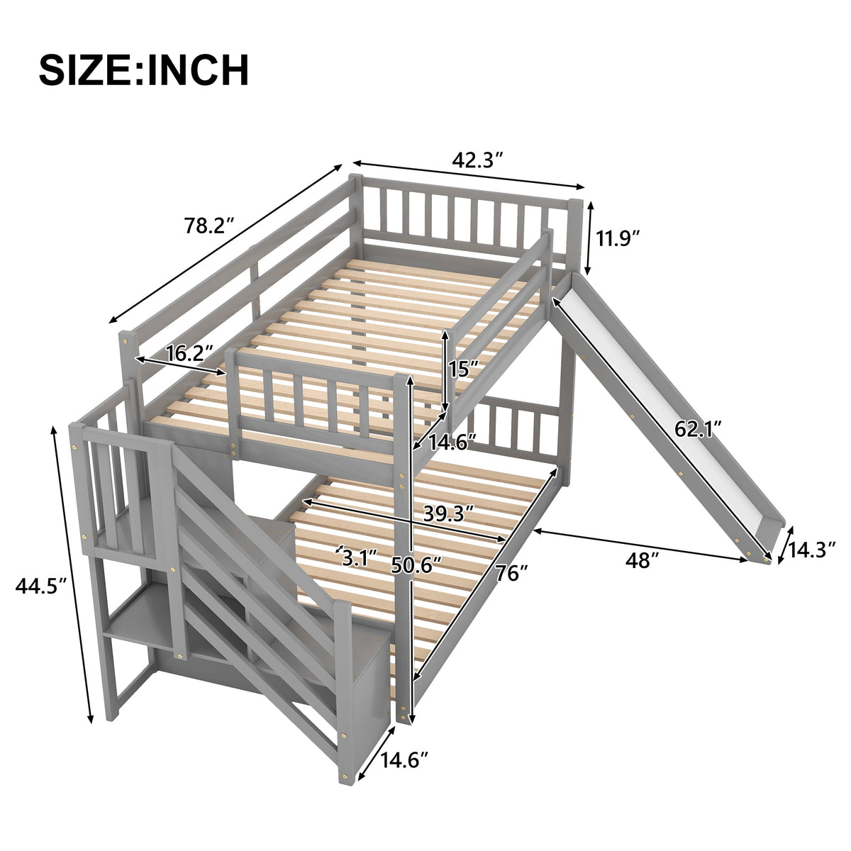 Twin-Over-Twin Bunk Bed with Convertible Slide and Stairway, Gray