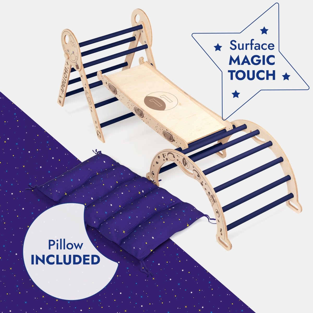 Apollo 4-in-1 Climbing Set:  Pikler Triangle, Arch, Slide Board, and Cushion for Little Toddlers Astronauts (1–3 Years)