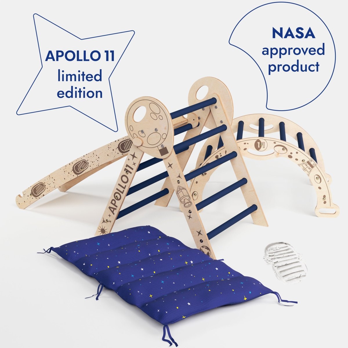 Apollo 4-in-1 Climbing Set:  Pikler Triangle, Arch, Slide Board, and Cushion for Little Toddlers Astronauts (1–3 Years)