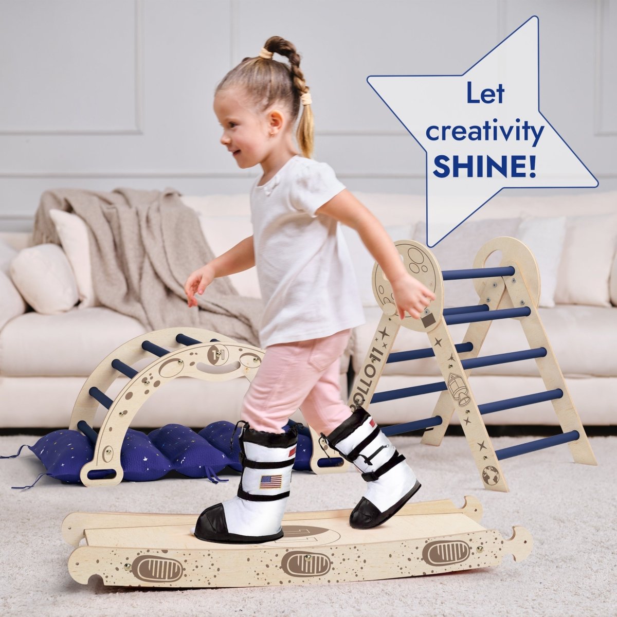 Apollo 4-in-1 Climbing Set:  Pikler Triangle, Arch, Slide Board, and Cushion for Little Toddlers Astronauts (1–3 Years)