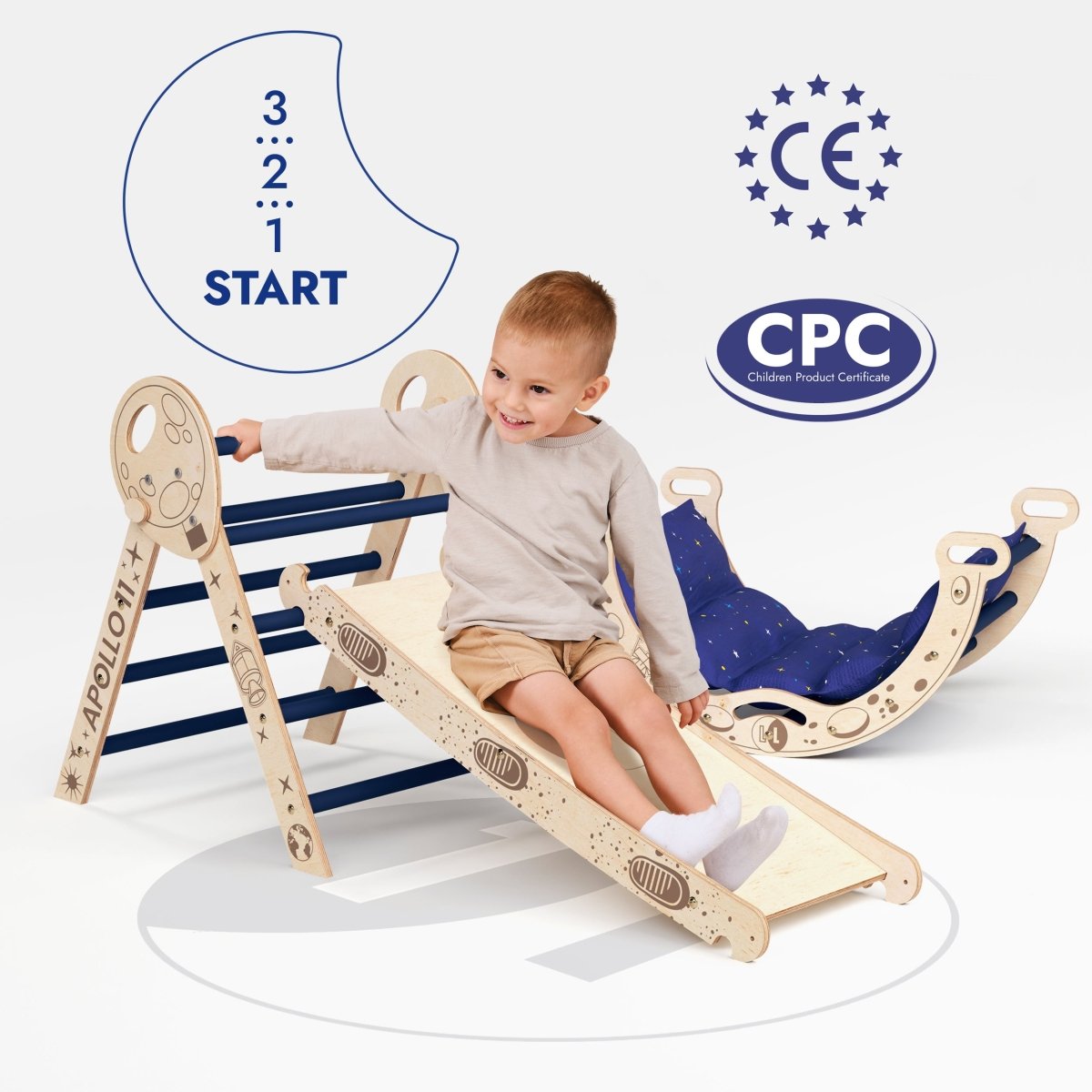 Apollo 4-in-1 Climbing Set:  Pikler Triangle, Arch, Slide Board, and Cushion for Little Toddlers Astronauts (1–3 Years)