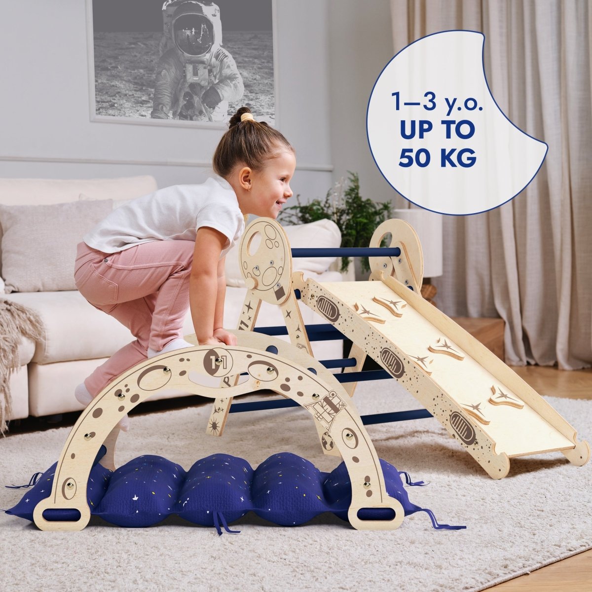 Apollo 4-in-1 Climbing Set:  Pikler Triangle, Arch, Slide Board, and Cushion for Little Toddlers Astronauts (1–3 Years)