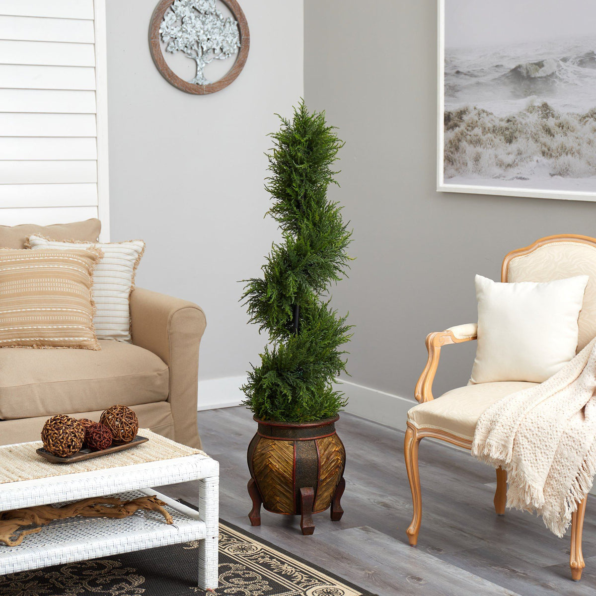 4.5’ Spiral Cypress Artificial Tree in Decorative Planter with LED Lights (Indoor/Outdoor)