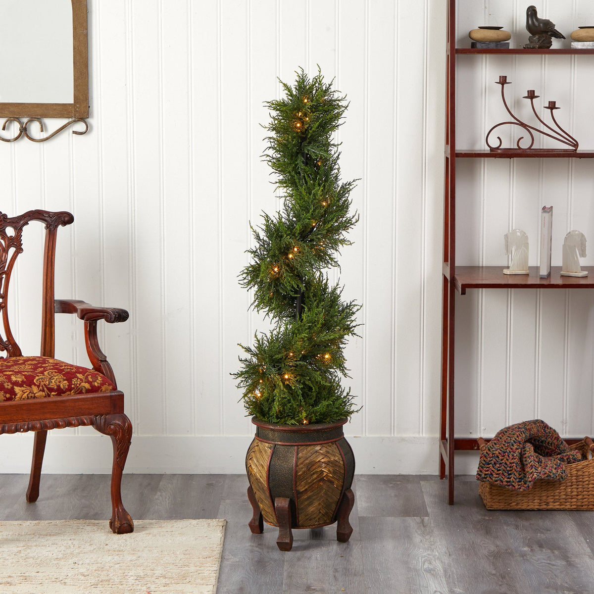 4.5’ Spiral Cypress Artificial Tree in Decorative Planter with LED Lights (Indoor/Outdoor)