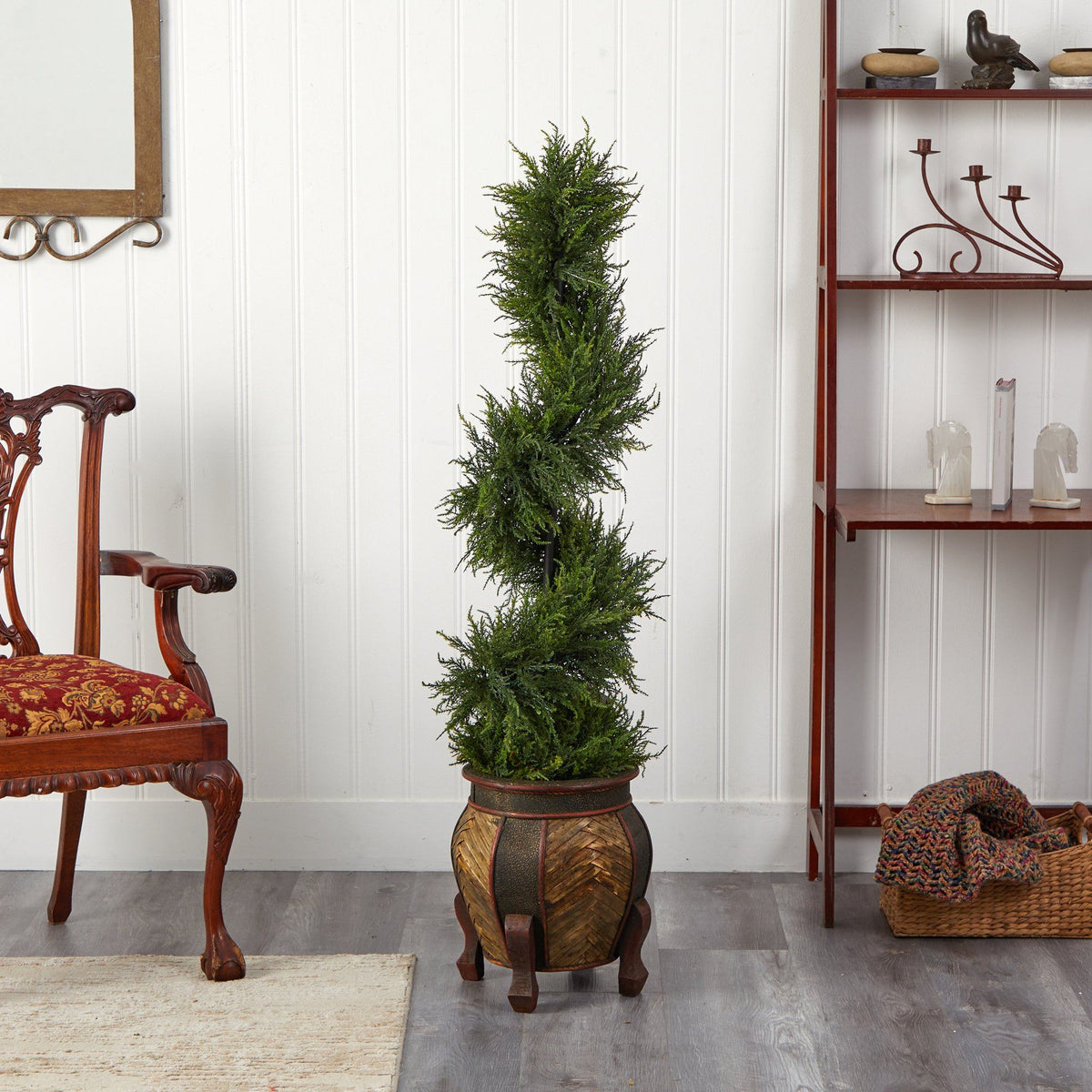 4.5’ Spiral Cypress Artificial Tree in Decorative Planter with LED Lights (Indoor/Outdoor)