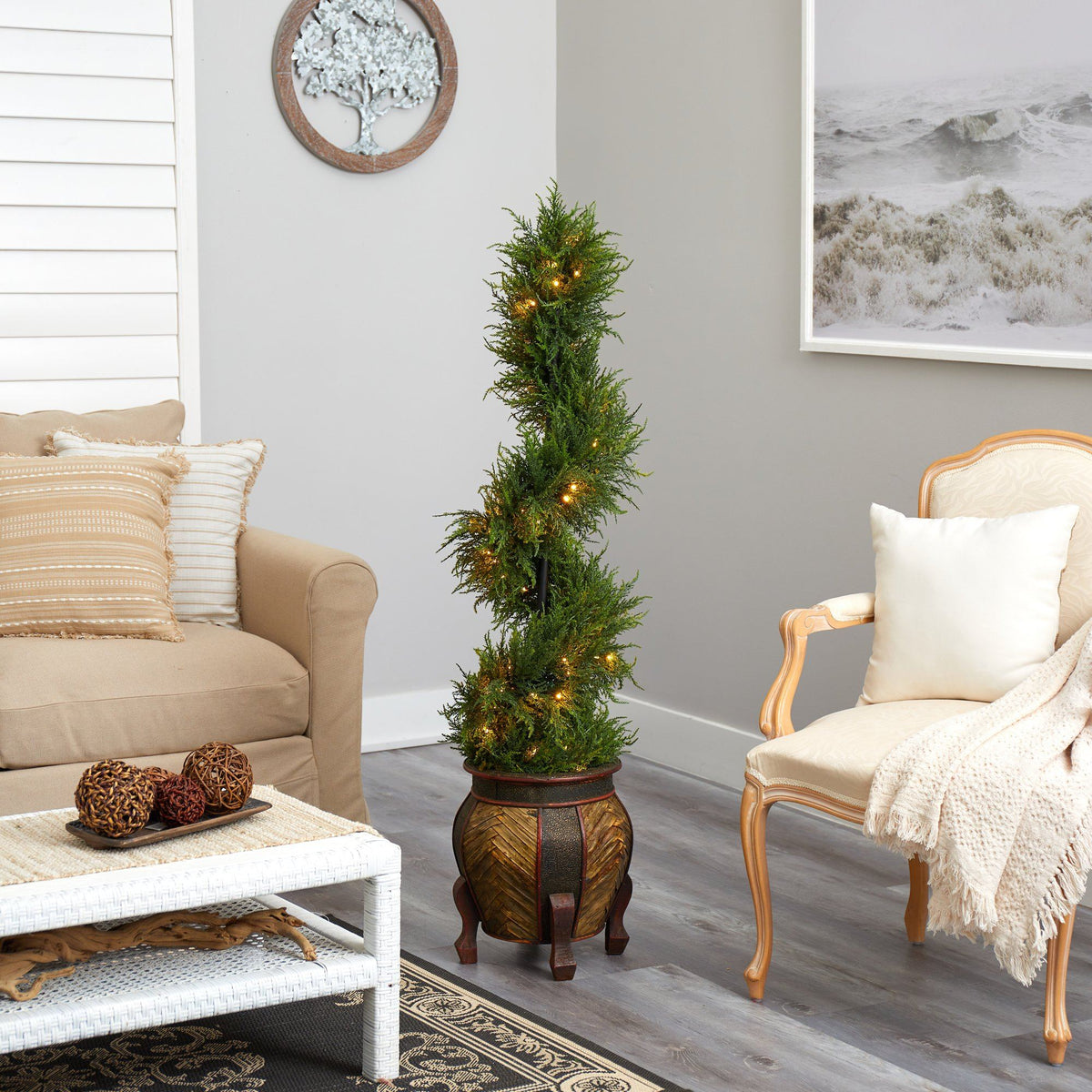 4.5’ Spiral Cypress Artificial Tree in Decorative Planter with LED Lights (Indoor/Outdoor)