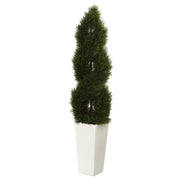 5.5’ Double Cypress Spiral Topiary Artificial Tree in White Planter