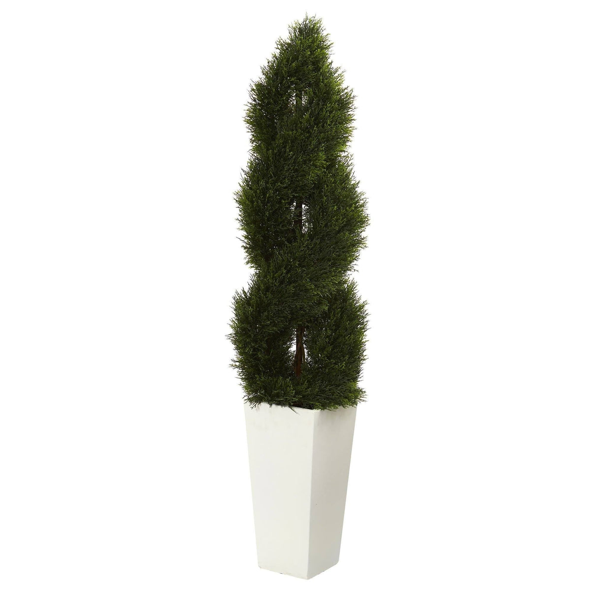 5.5’ Double Cypress Spiral Topiary Artificial Tree in White Planter