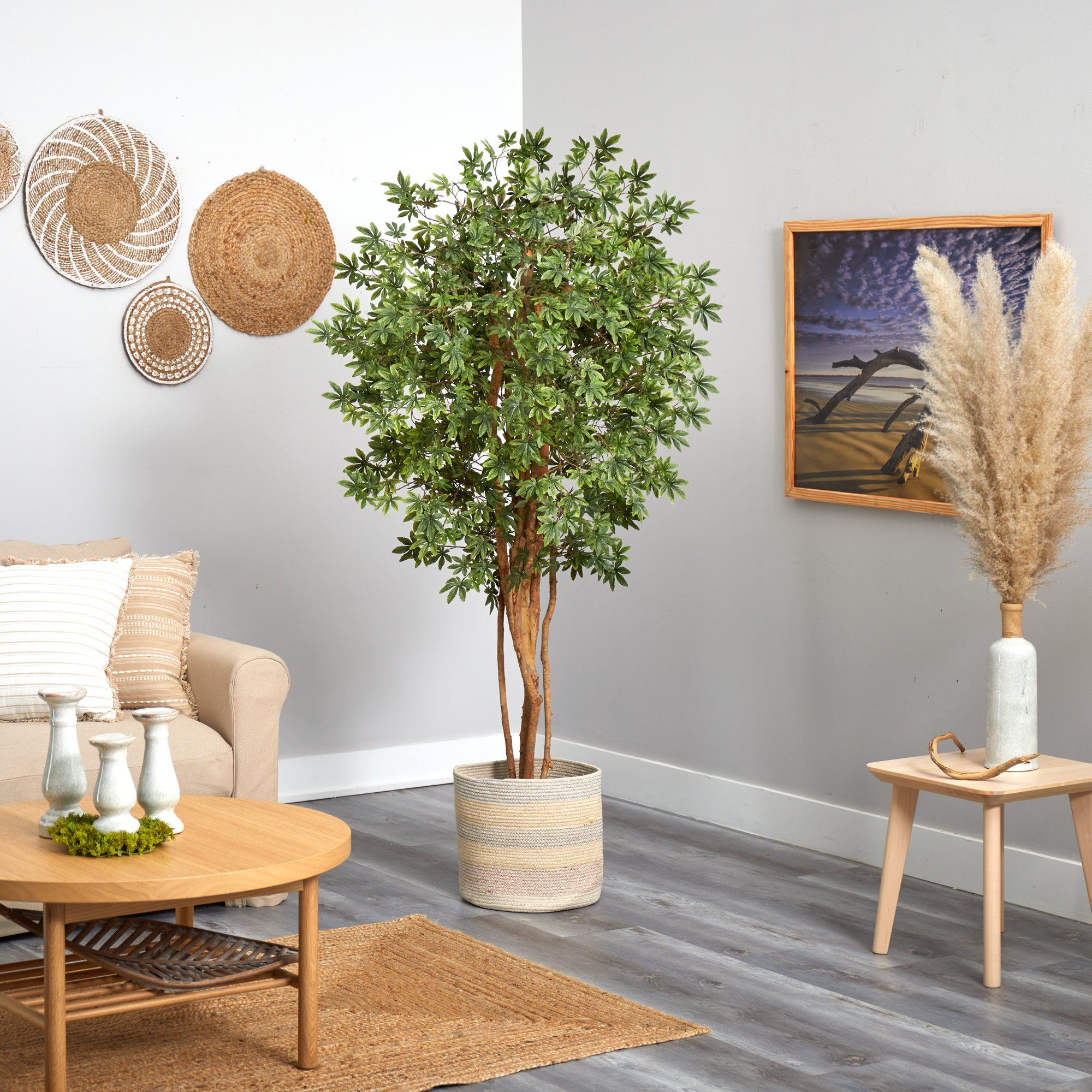 6’ Japanese Maple Artificial Tree in Handmade Natural Cotton Multicolored Woven Planter