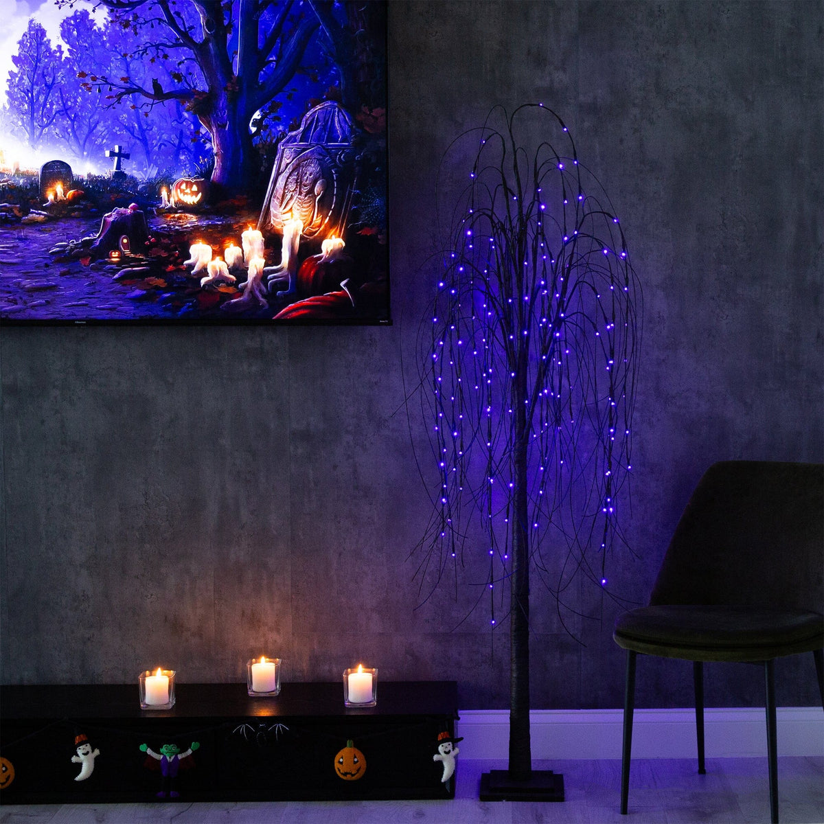 6’ Pre-Lit Halloween Black Willow Artificial Tree with LED Lights