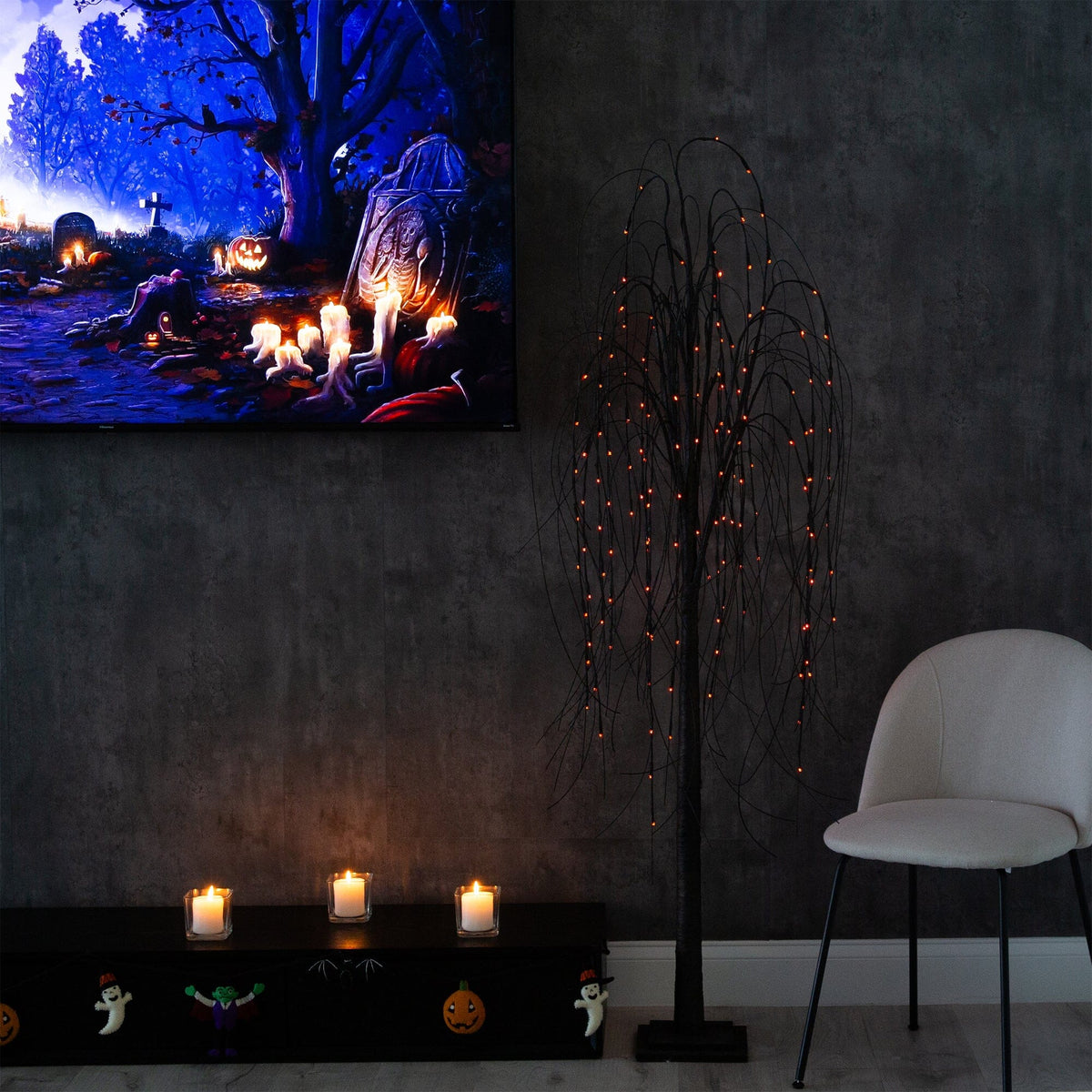 6’ Pre-Lit Halloween Black Willow Artificial Tree with LED Lights