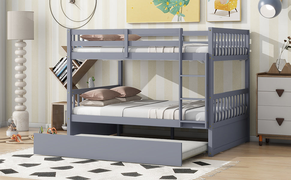 Rubber Wood Bunk Bed with Trundle, Ladder and Guardrails, Convertible to 2 Full Size Beds, Grey