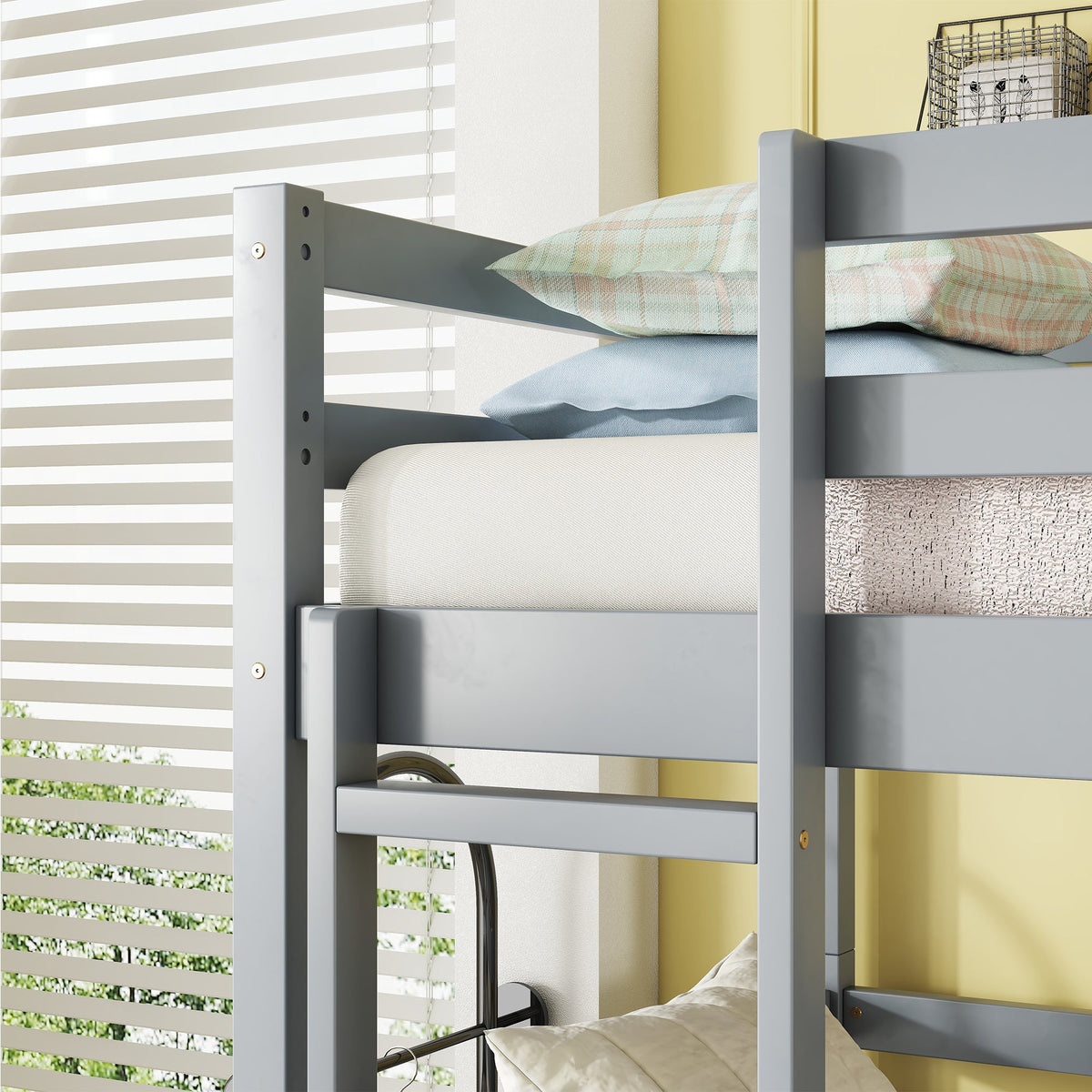 Triple Rubber Wood Bunk Bed with Two Built-in Ladders, Guardrails, Detachable Triple Twin Bunk Bed, Grey