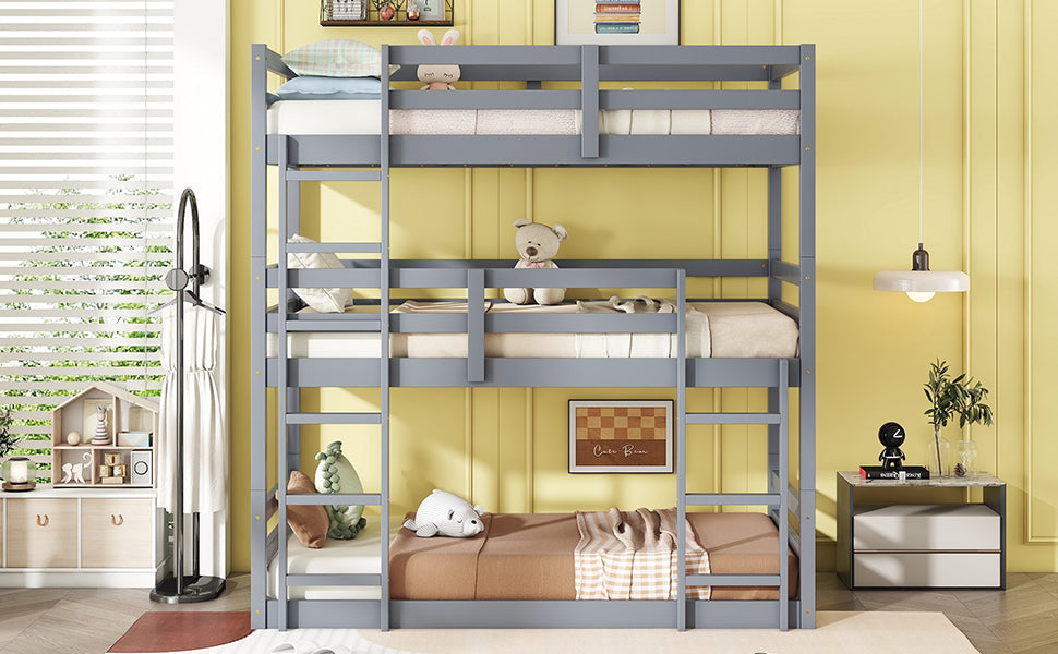 Triple Rubber Wood Bunk Bed with Two Built-in Ladders, Guardrails, Detachable Triple Twin Bunk Bed, Grey