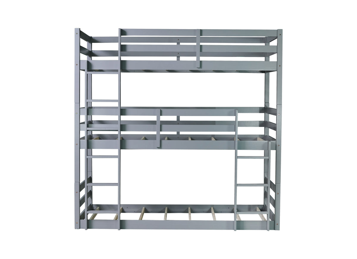 Triple Rubber Wood Bunk Bed with Two Built-in Ladders, Guardrails, Detachable Triple Twin Bunk Bed, Grey