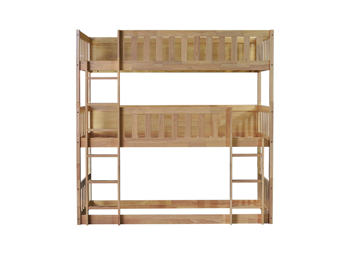 Twin Size Triple Rubber Wood Bunk Bed, with Ladders, Guardrails, Twin over Twin, Natural