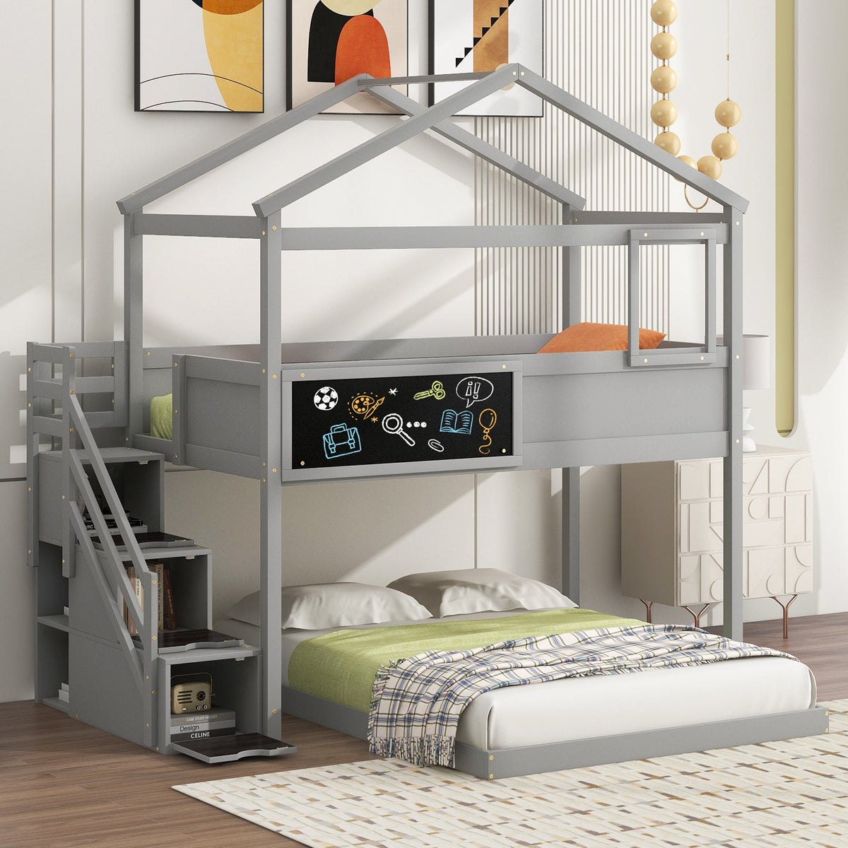 Twin-Over-Full House Bunk Bed with Storage Staircase and Blackboard, Gray