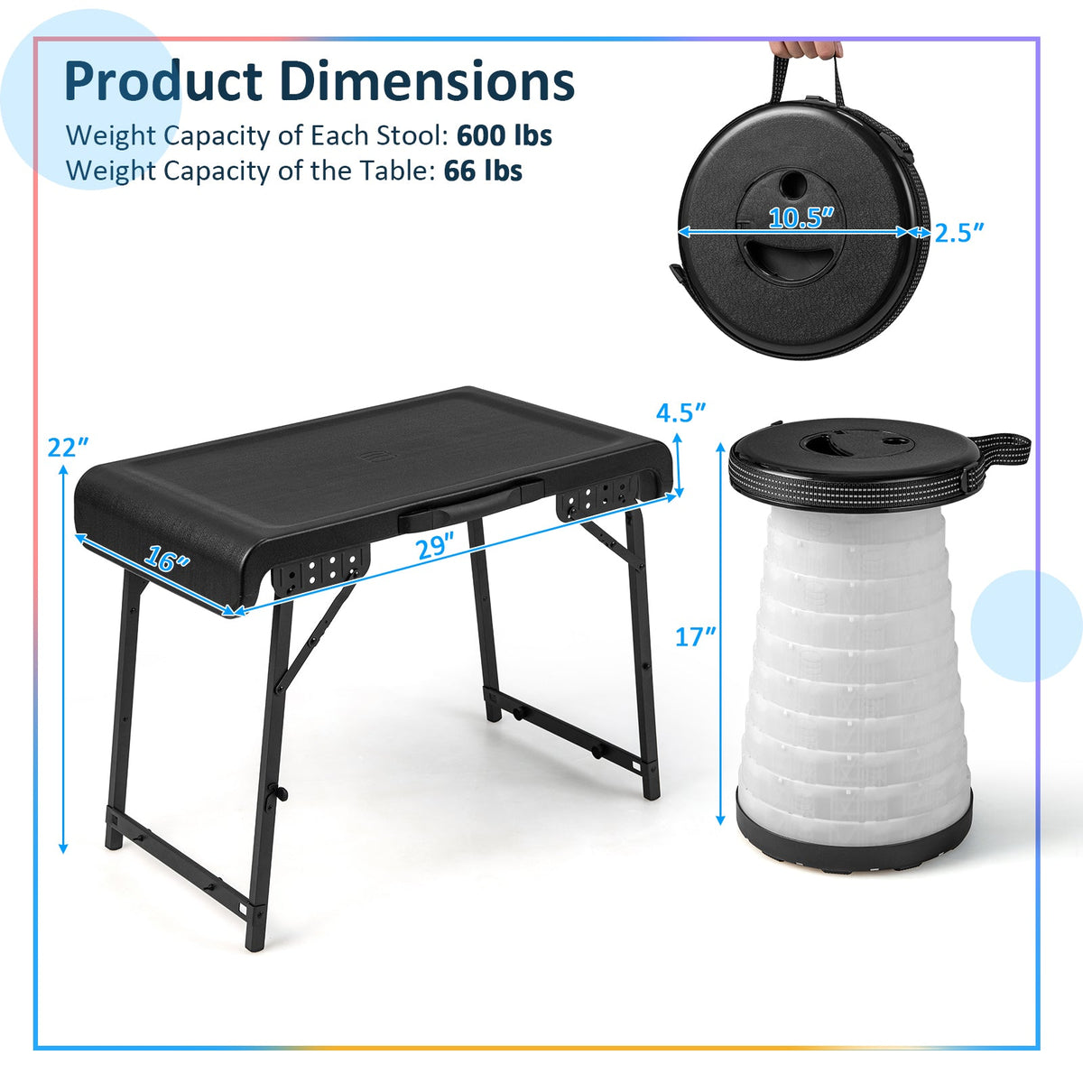 3 Pieces Folding Camping Table Stool Set Black
