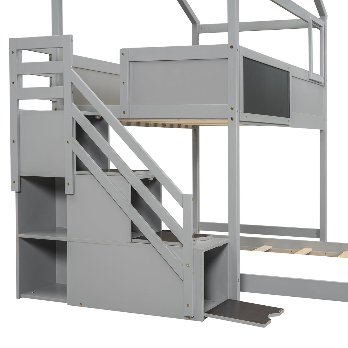 Twin-Over-Full House Bunk Bed with Storage Staircase and Blackboard, Gray