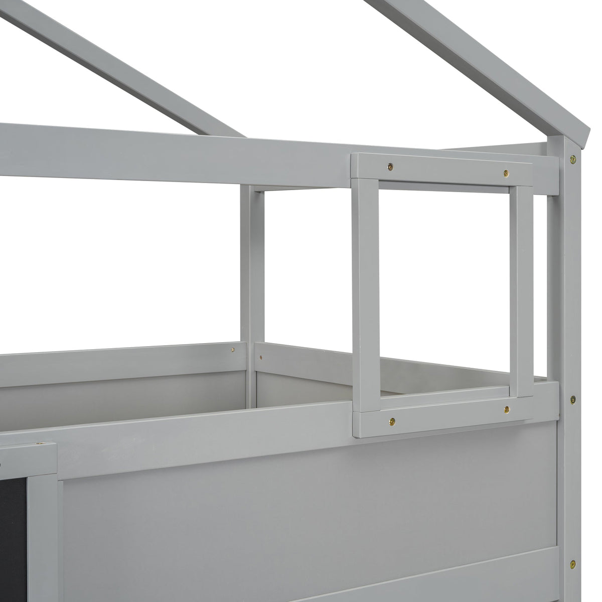 Twin-Over-Full House Bunk Bed with Storage Staircase and Blackboard, Gray