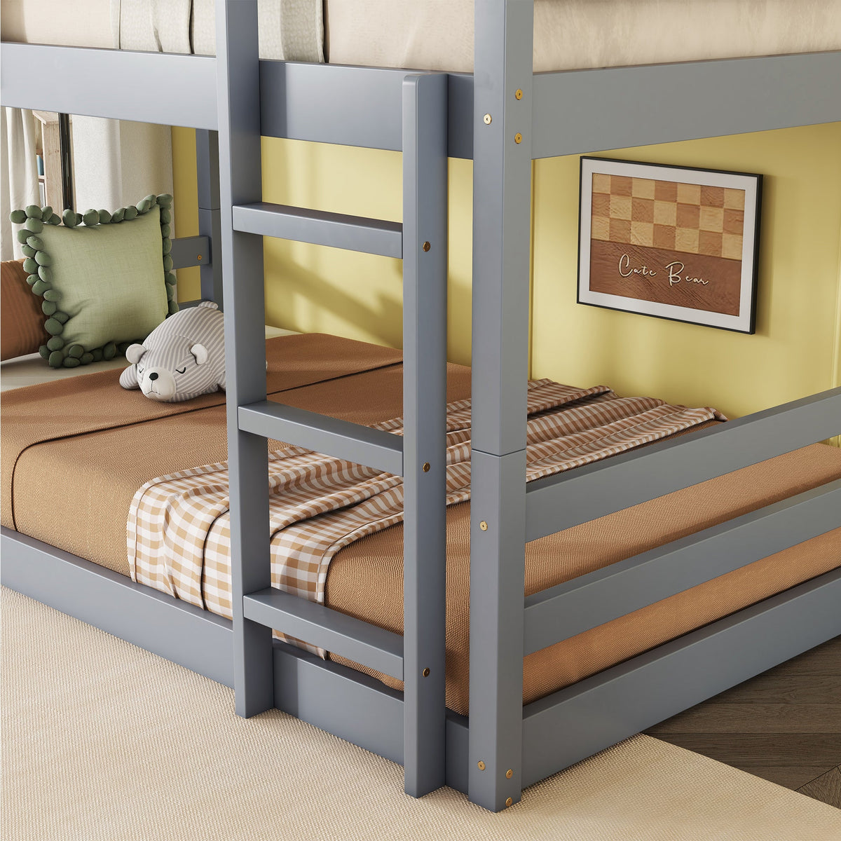 Triple Rubber Wood Bunk Bed with Two Built-in Ladders, Guardrails, Detachable Triple Twin Bunk Bed, Grey