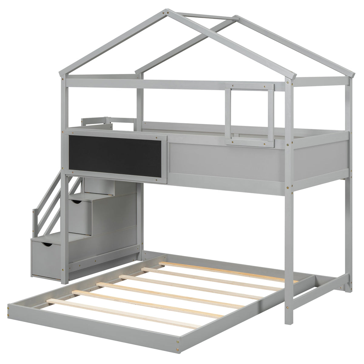 Twin-Over-Full House Bunk Bed with Storage Staircase and Blackboard, Gray