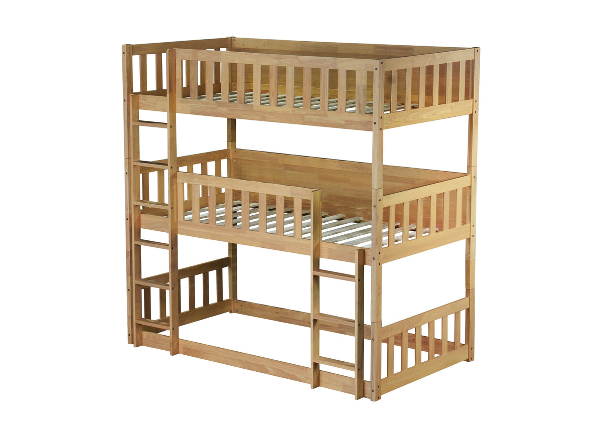 Twin Size Triple Rubber Wood Bunk Bed, with Ladders, Guardrails, Twin over Twin, Natural