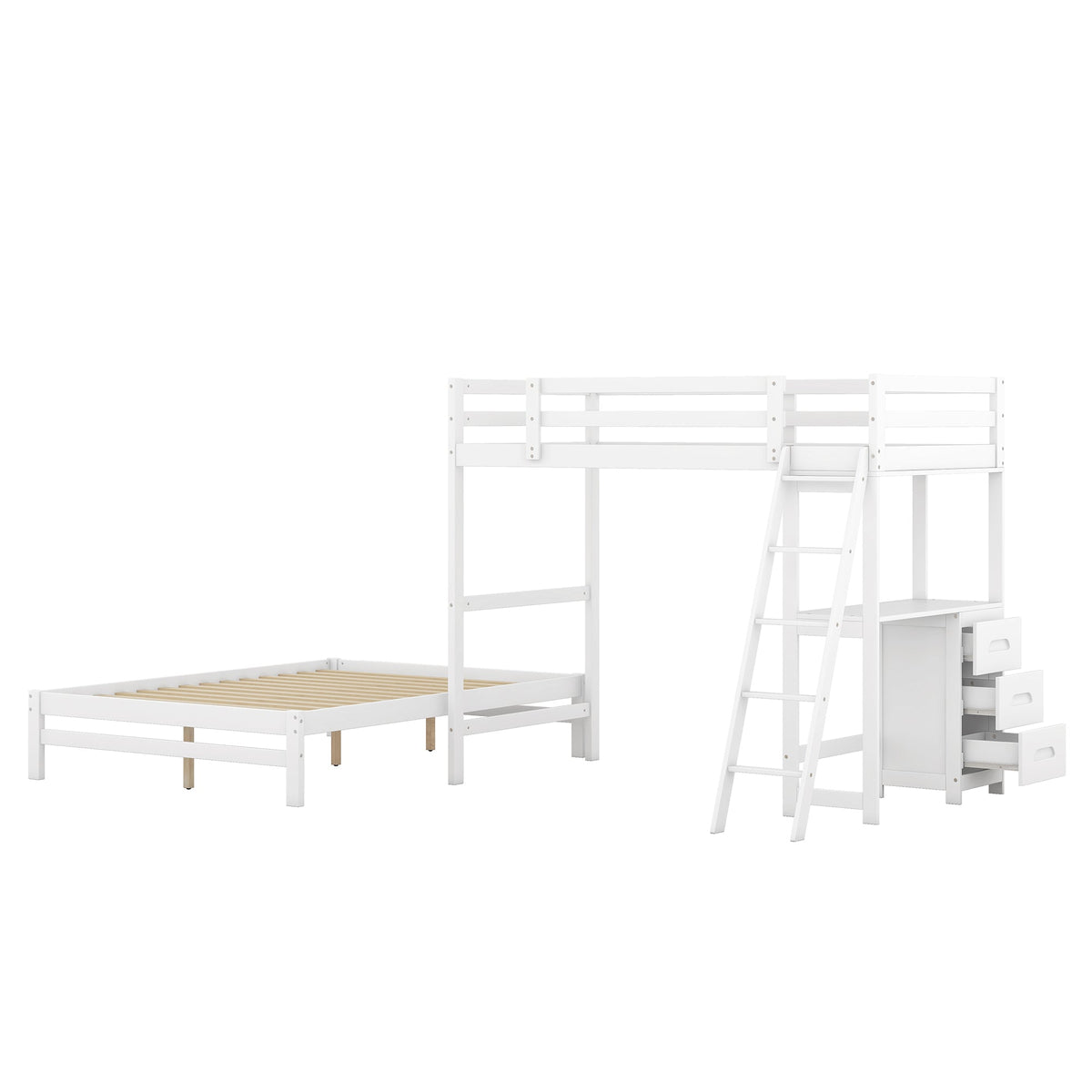 Twin-Over-Full Bunk Bed with Built-in Desk and Three Drawers, White
