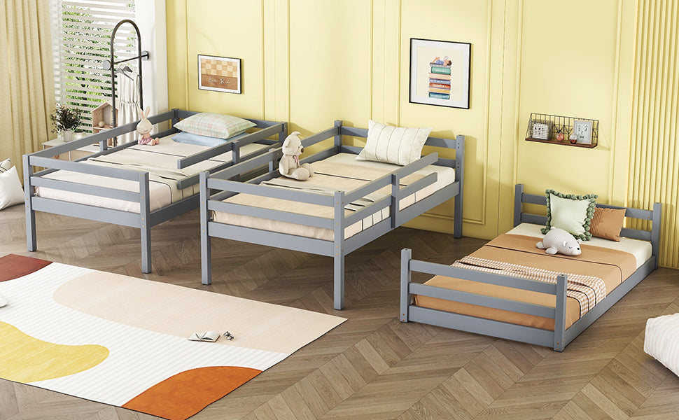 Triple Rubber Wood Bunk Bed with Two Built-in Ladders, Guardrails, Detachable Triple Twin Bunk Bed, Grey