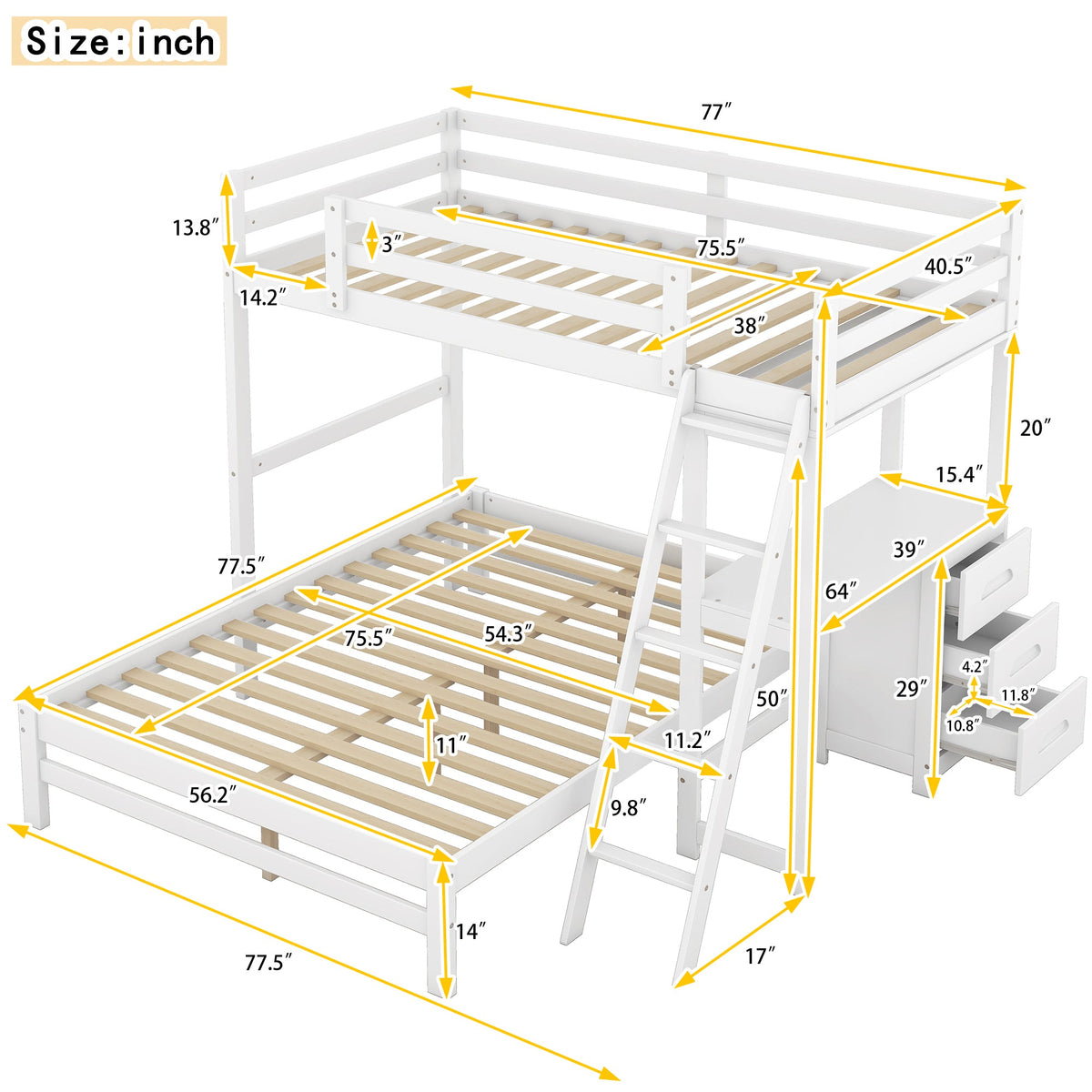 Twin-Over-Full Bunk Bed with Built-in Desk and Three Drawers, White