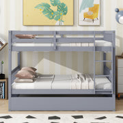 Rubber Wood Bunk Bed with Trundle, Ladder and Guardrails, Convertible to 2 Full Size Beds, Grey