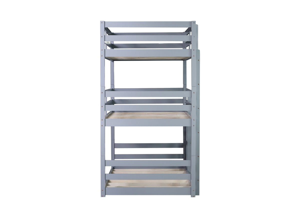 Triple Rubber Wood Bunk Bed with Two Built-in Ladders, Guardrails, Detachable Triple Twin Bunk Bed, Grey