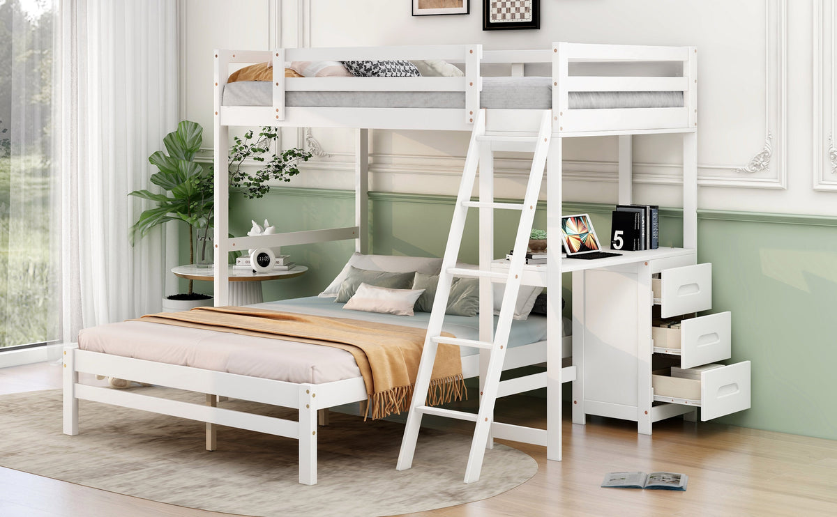 Twin-Over-Full Bunk Bed with Built-in Desk and Three Drawers, White