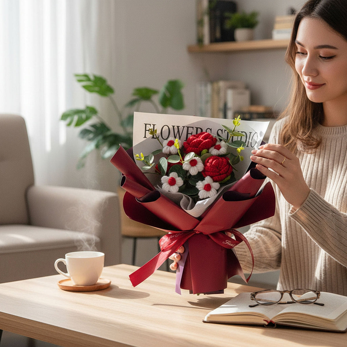 Crochet Rose Bouquet with Light, Valentine’s Day Gift for Her