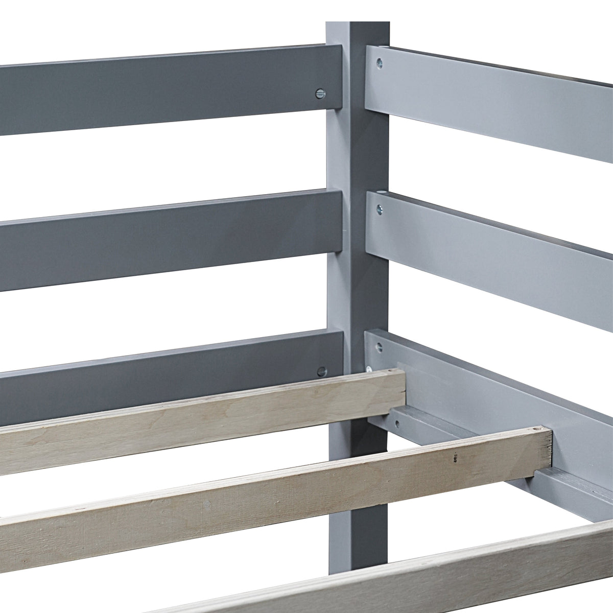 Triple Rubber Wood Bunk Bed with Two Built-in Ladders, Guardrails, Detachable Triple Twin Bunk Bed, Grey