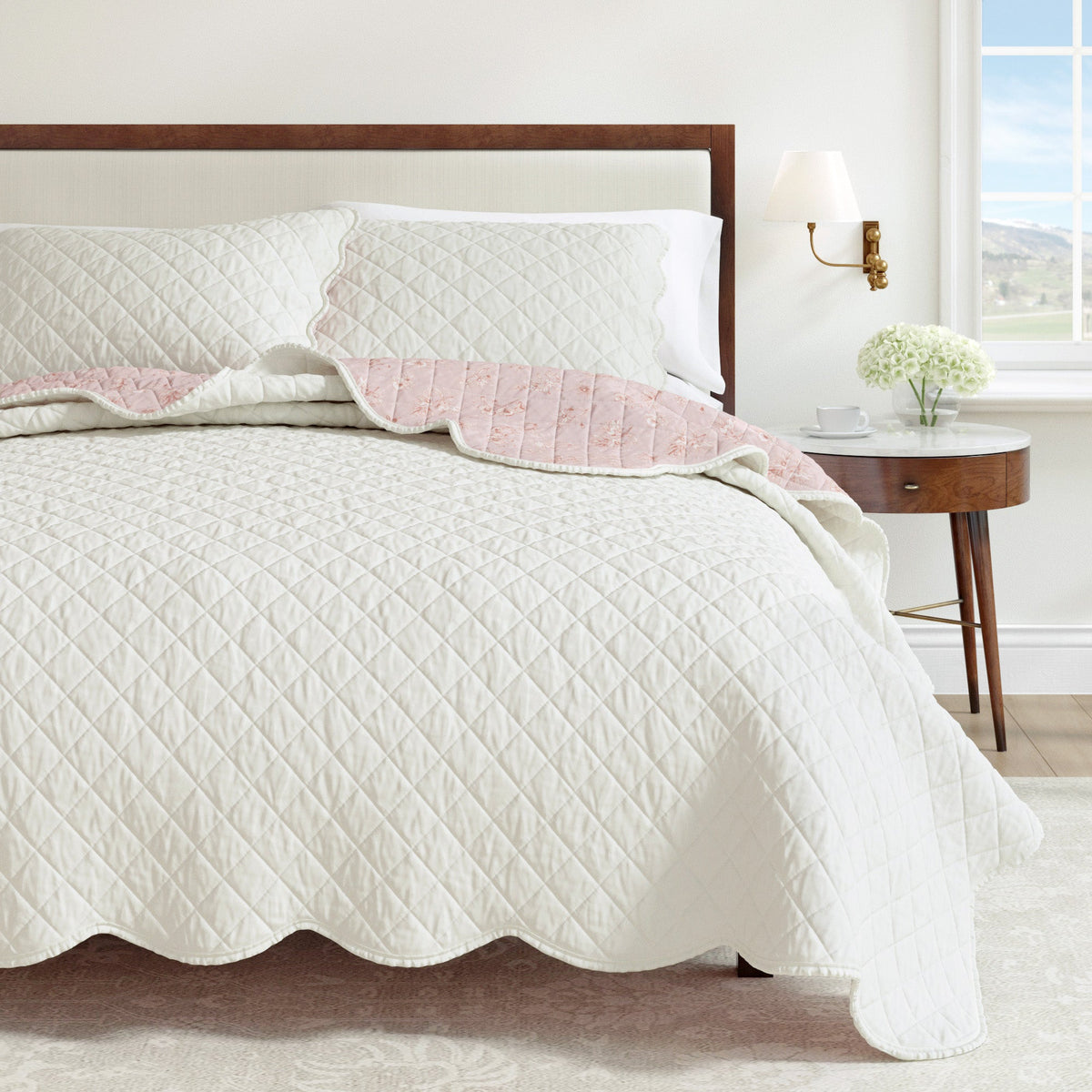 Floral Print & Scalloped Edge Cotton Quilt Set - Sandie Collection