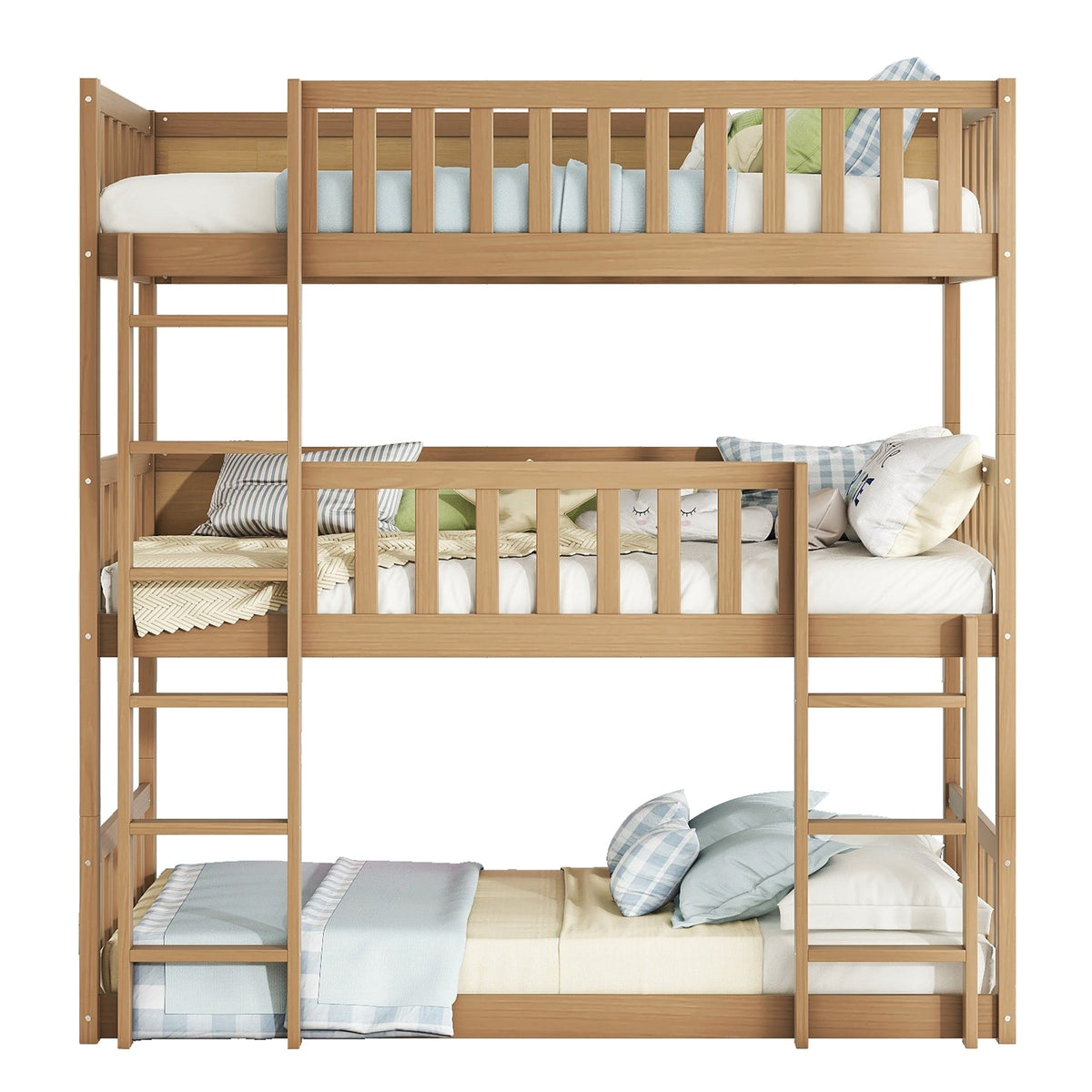 Twin Size Triple Rubber Wood Bunk Bed, with Ladders, Guardrails, Twin over Twin, Natural