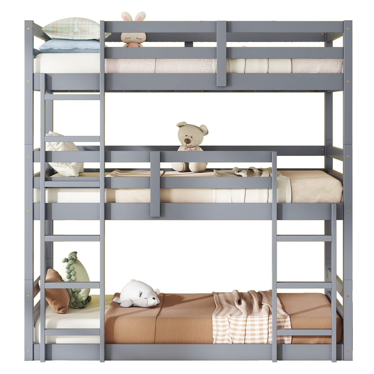 Triple Rubber Wood Bunk Bed with Two Built-in Ladders, Guardrails, Detachable Triple Twin Bunk Bed, Grey