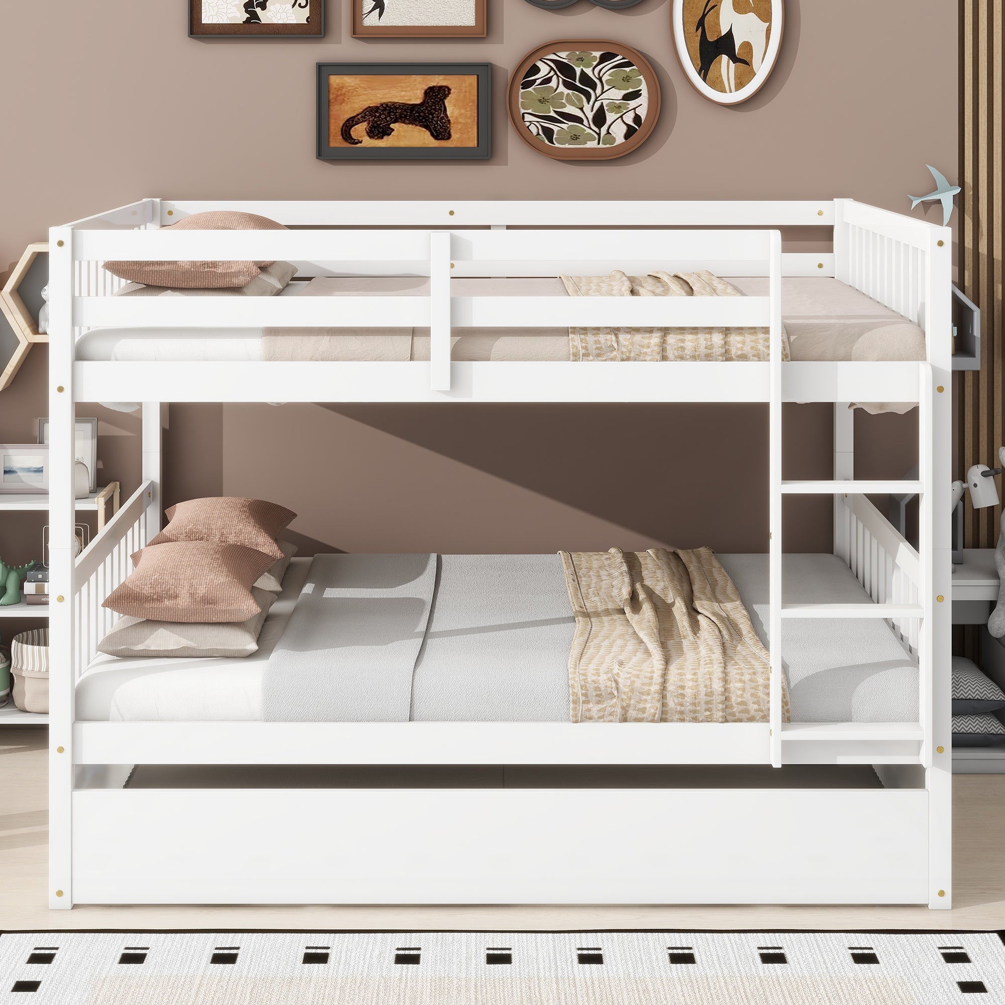 Full-Over-Full Rubber Wood Bunk Bed with Trundle, Ladder and Guardrails, White