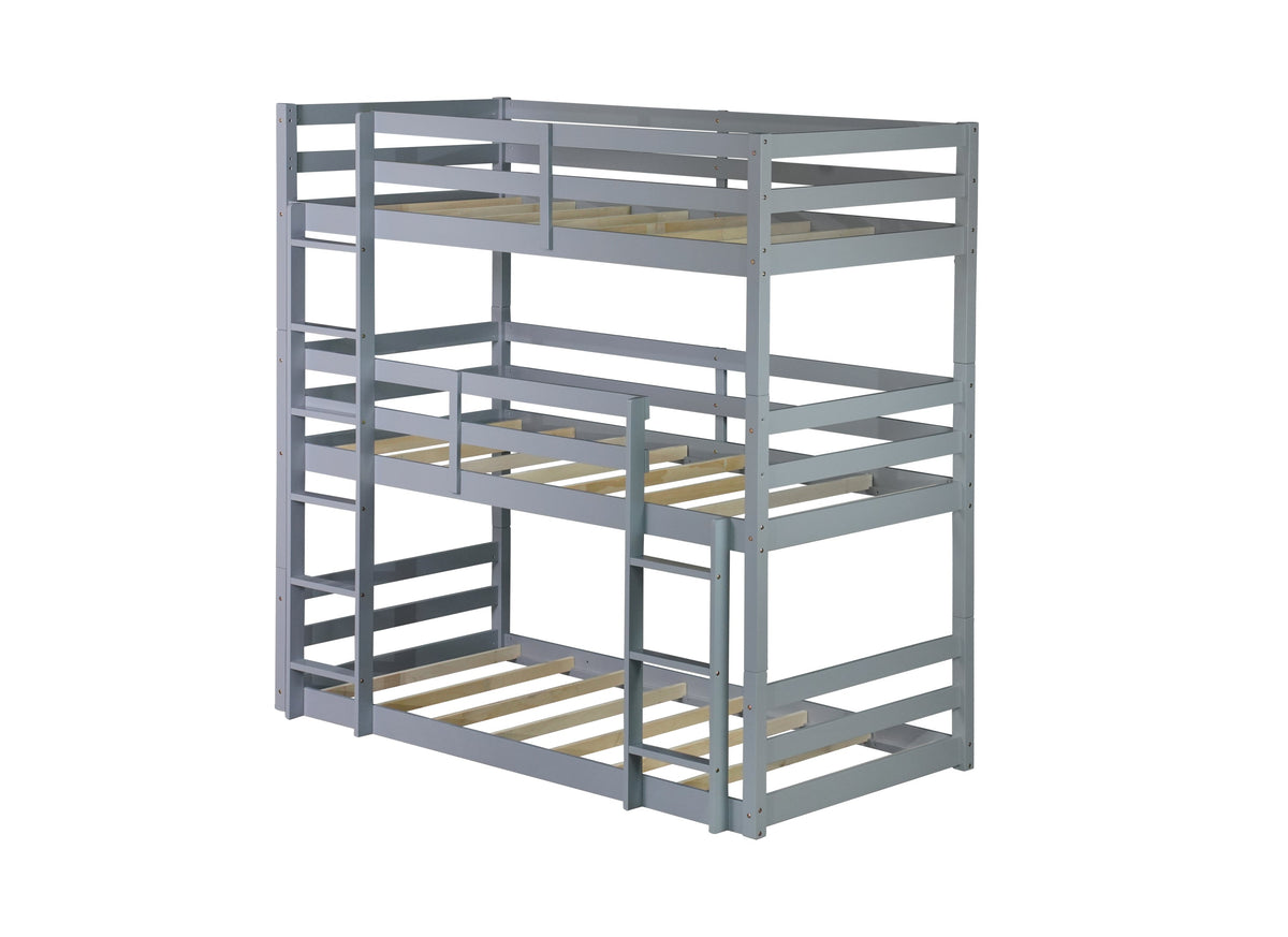 Triple Rubber Wood Bunk Bed with Two Built-in Ladders, Guardrails, Detachable Triple Twin Bunk Bed, Grey