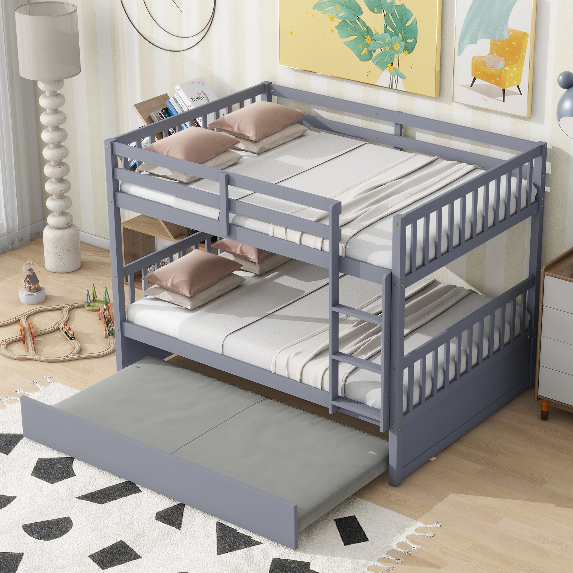 Rubber Wood Bunk Bed with Trundle, Ladder and Guardrails, Convertible to 2 Full Size Beds, Grey