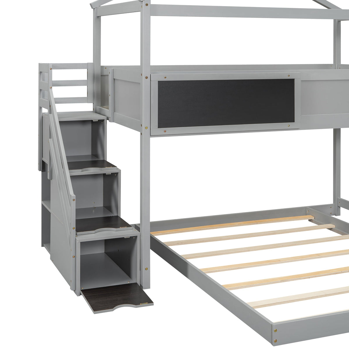 Twin-Over-Full House Bunk Bed with Storage Staircase and Blackboard, Gray