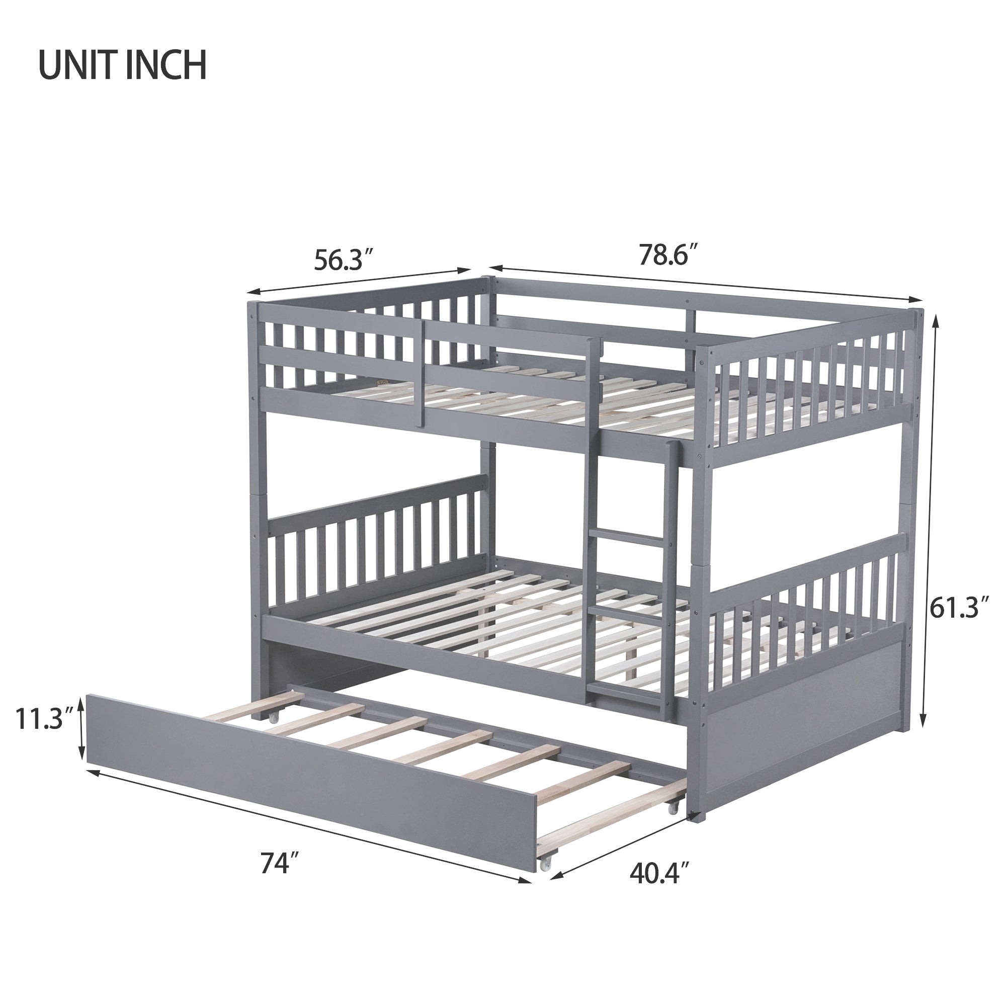 Rubber Wood Bunk Bed with Trundle, Ladder and Guardrails, Convertible to 2 Full Size Beds, Grey