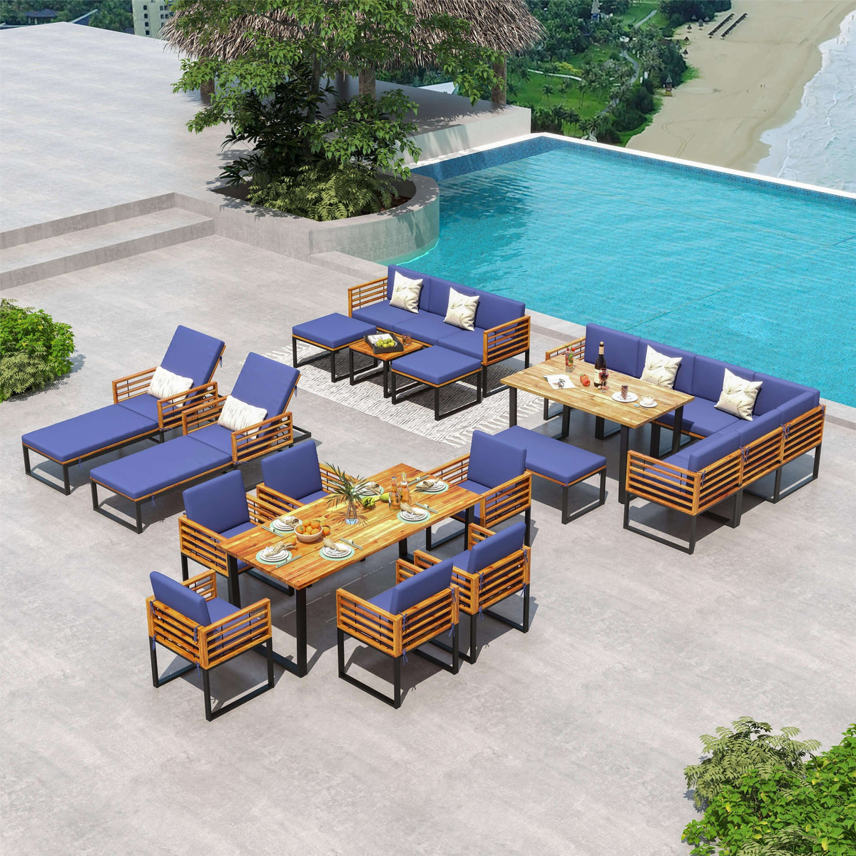 8 Pieces Patio Acacia Wood Dining Table Set with Ottoman - Navy