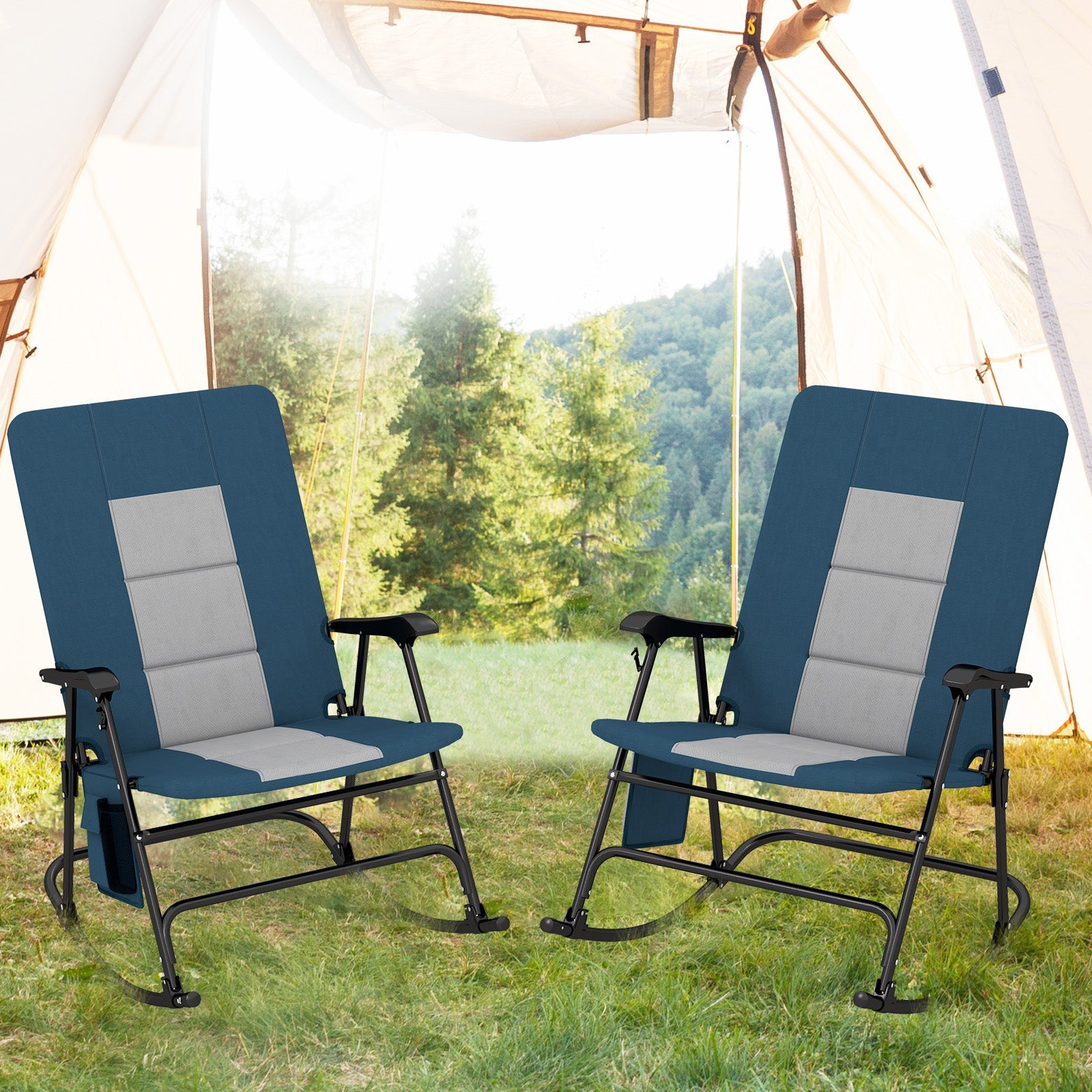 Foldable Rocking Padded Portable Camping Chair with Backrest and Armrest -Blue