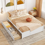 Full Size Wooden Bed Frame with 2 Rolling Storage Drawers-White