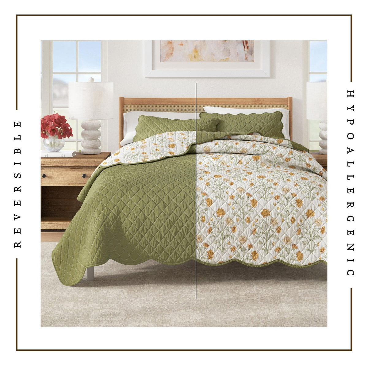 Floral Print & Scalloped Edge Cotton Quilt Set - Illiana Collection