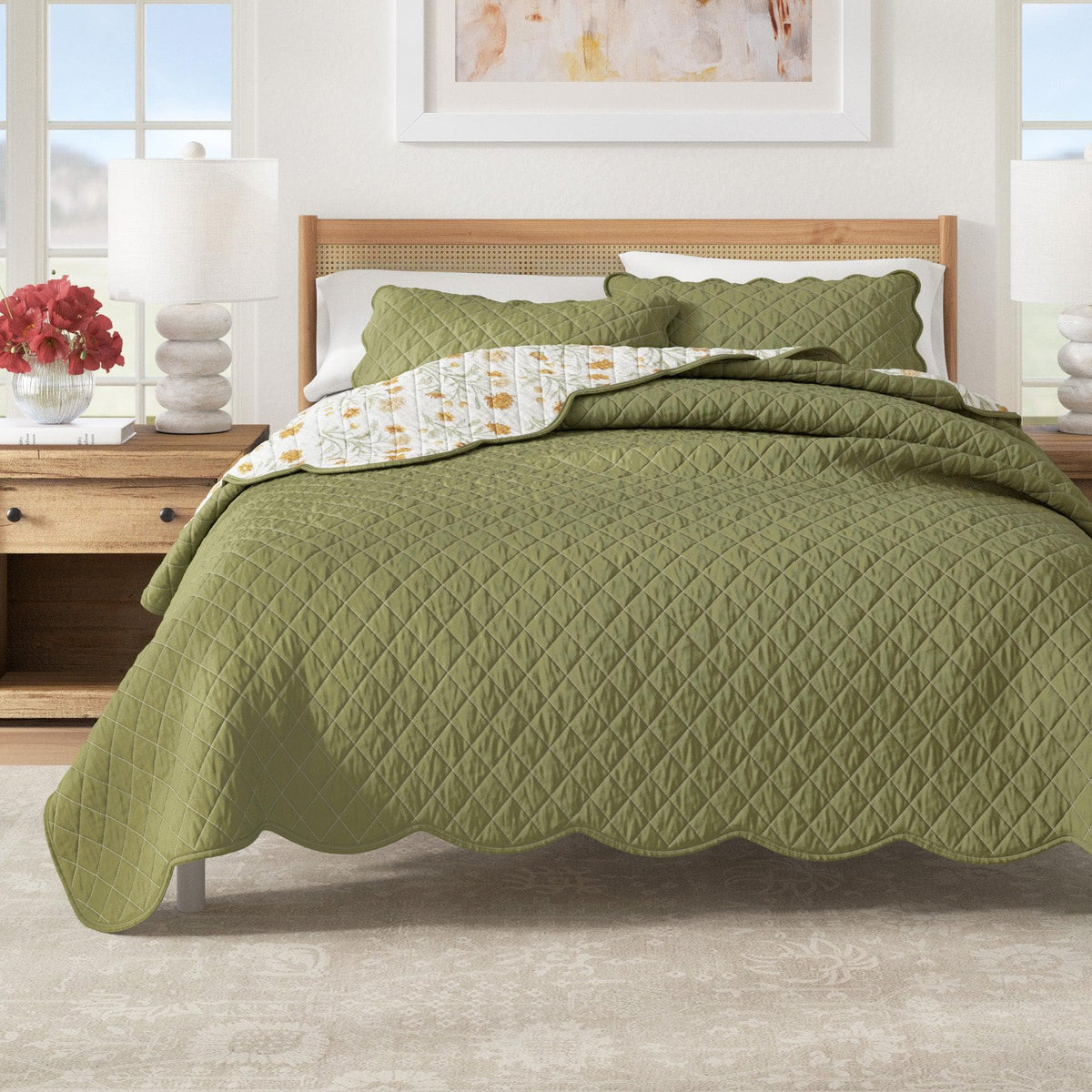 Floral Print & Scalloped Edge Cotton Quilt Set - Illiana Collection