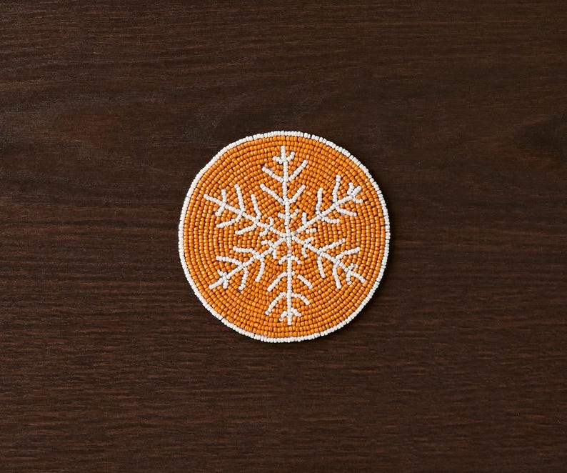 Handmade Beaded Christmas Snowflakes Coasters, White and Yellow Beads
