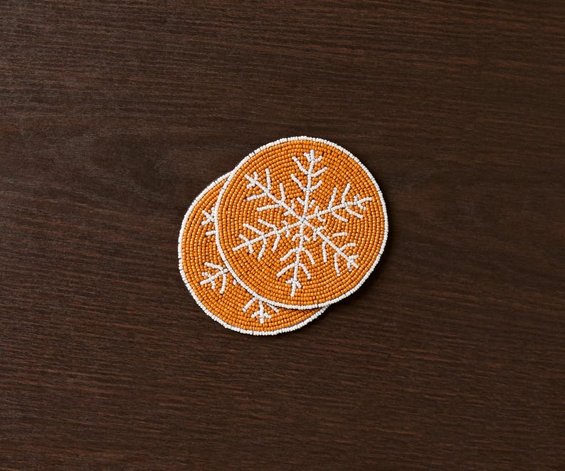 Handmade Beaded Christmas Snowflakes Coasters, White and Yellow Beads